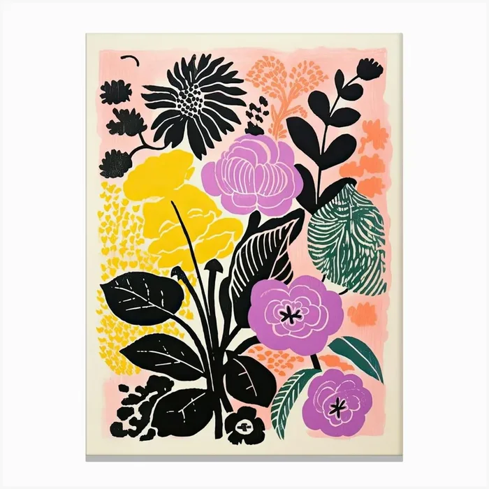 Colourful Flowers In A Vase In Risograph Style 14 Canvas Print by Vintage Ink