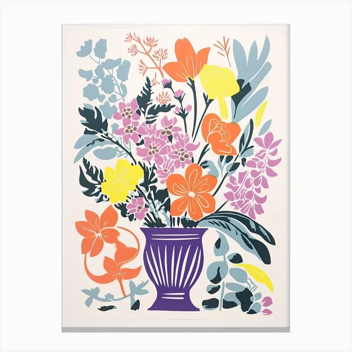 Colourful Flowers In A Vase In Risograph Style 8 Canvas Print by Vintage Ink