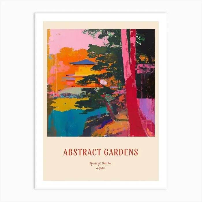 Colourful Gardens Ryoan Ji Garden Japan 9 Red Poster Art Print by Hue Horizons Art Prints