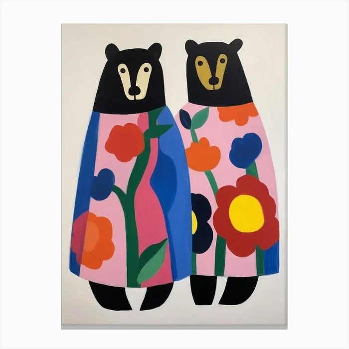 Colourful Kids Animal Art Black Bear 1 Canvas Print by Scribble Studio