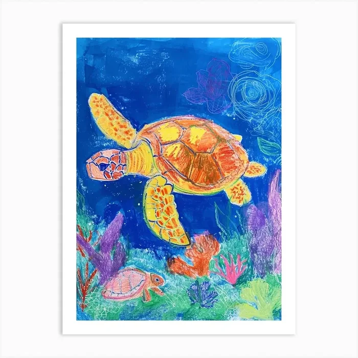 Colourful Sea Turtle Exploring Deep Into The Ocean Crayon Doodle 1 Art Print by Energy of the Sea