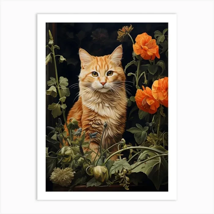 Contemporary Floral Cat On Windowsill 1 Art PrintSC by S.K. Coghlan