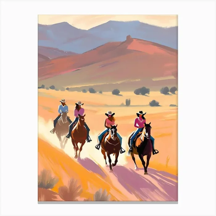 Cowgirls On Horseback Canvas Print by Lucent Art Shop