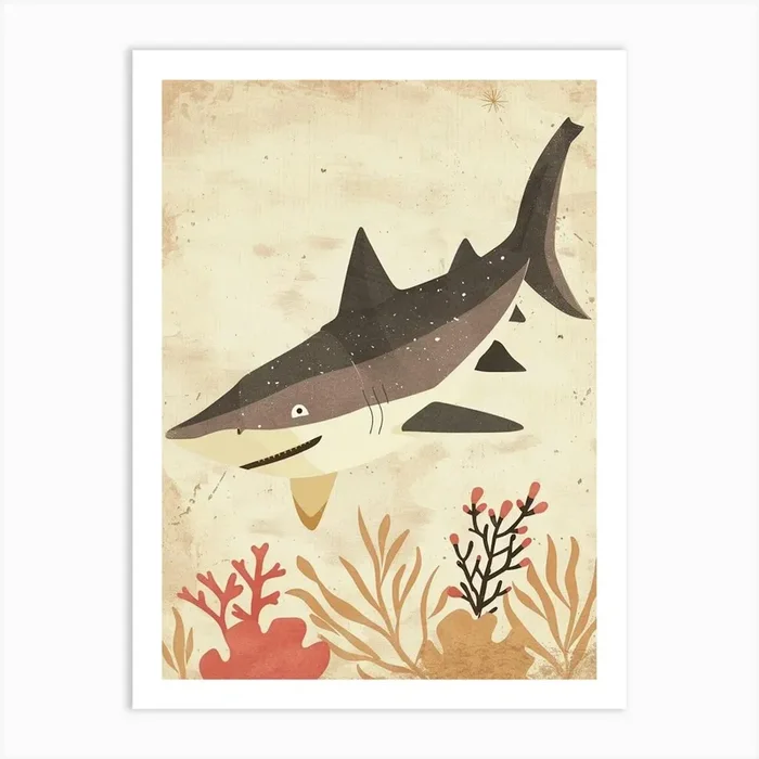 Cute Beige Tones Shark With Coral 1 Art Print by Energy of the Sea