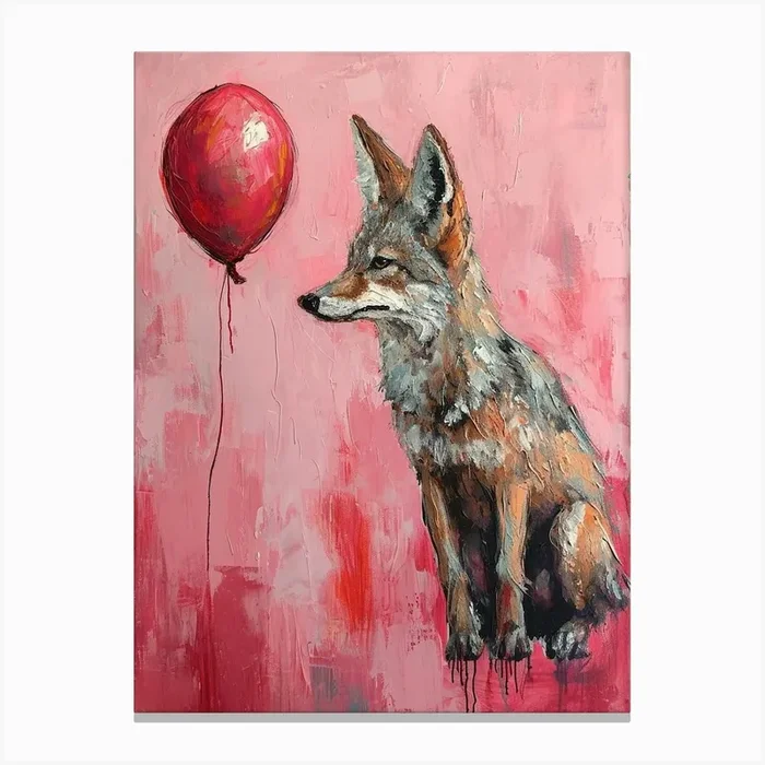 Cute Coyote 1 With Balloon Canvas Print by Scribble Studio