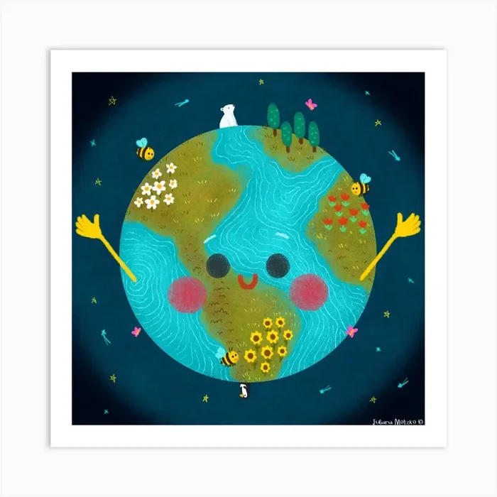 Cute Earth Planet Square Art Print by Juliana Motzko