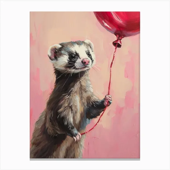 Cute Ferret 1 With Balloon Canvas Print by Scribble Studio