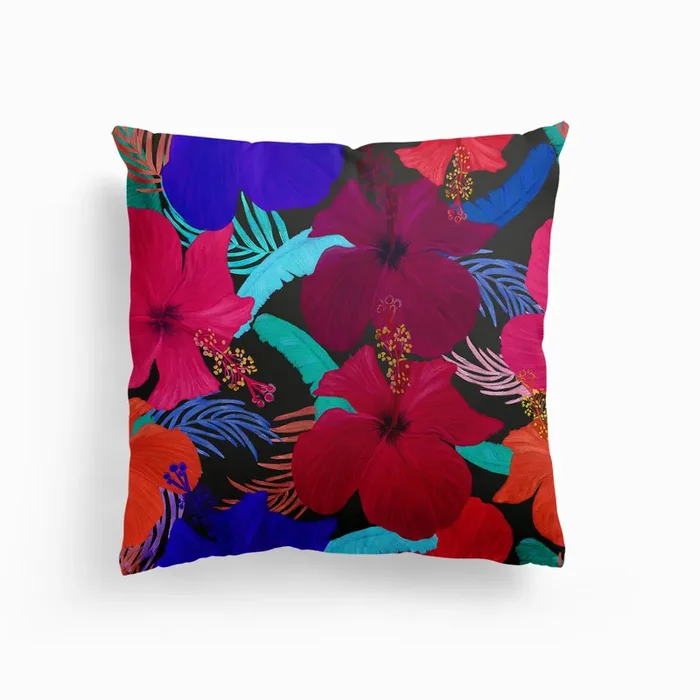 Cute Hibiscus And Tropical Leaves Vibrant Pattern Canvas Cushion by Gulsen Gunel