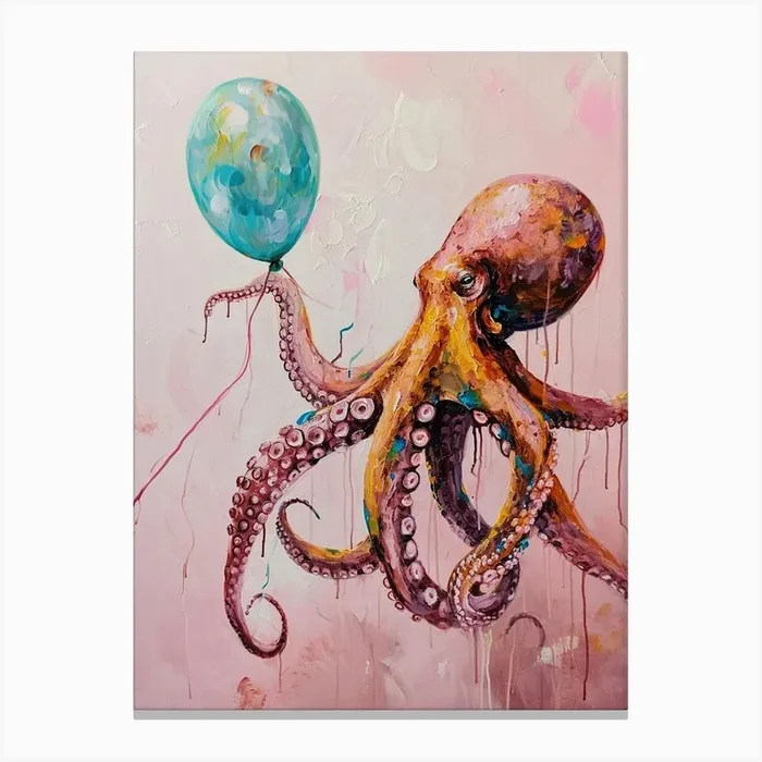 Cute Octopus With Balloon Canvas Print by Scribble Studio