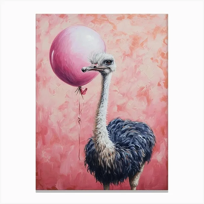 Cute Ostrich 1 With Balloon Canvas Print by Scribble Studio