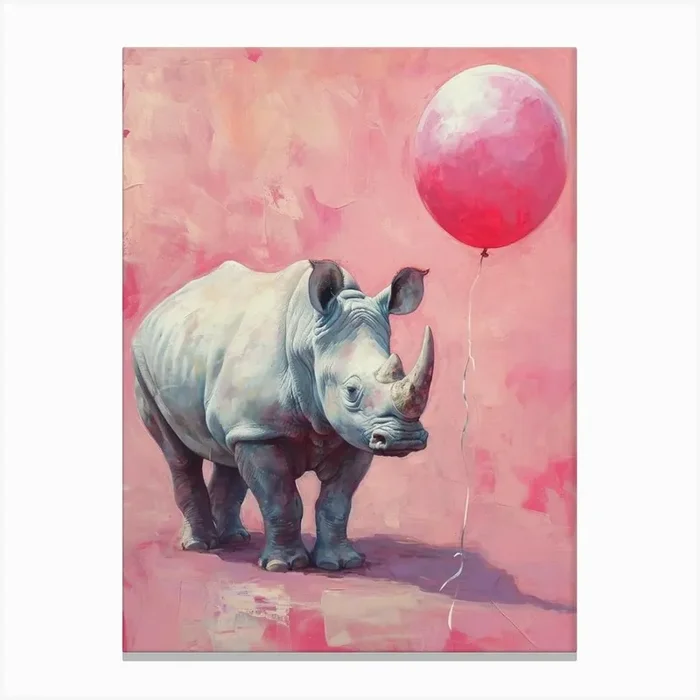 Cute Rhinoceros 1 With Balloon Canvas Print by Scribble Studio