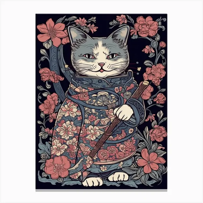 Cute Samurai Cat In The Style Of William Morris 5 Canvas Print by Fusion Designs