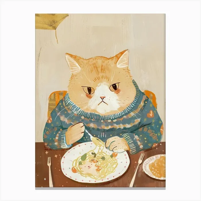 Cute Tan Cat Pasta Lover Folk Illustration 2 Canvas Print by Purrfect Plates