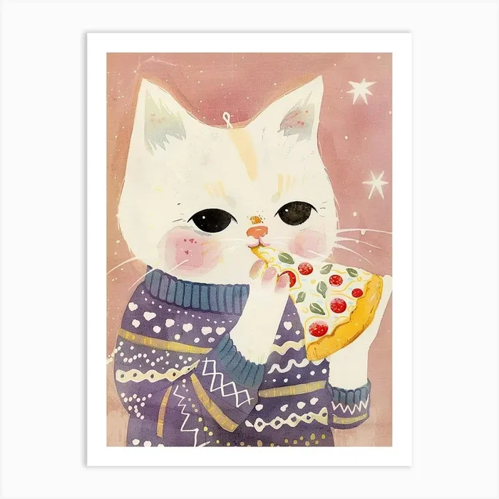 Cute White Cat Eating Pizza Folk Illustration 1 Art Print by Purrfect Plates