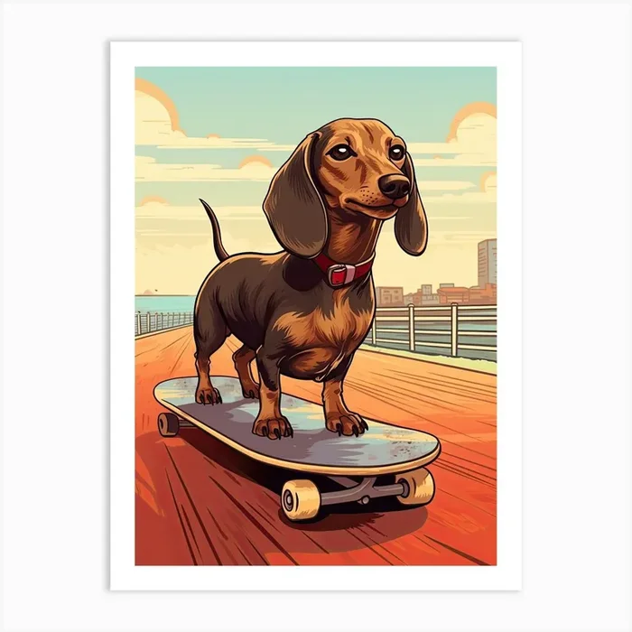 Dachshund Dog Skateboarding Illustration 2 Art Print by Rolling Art