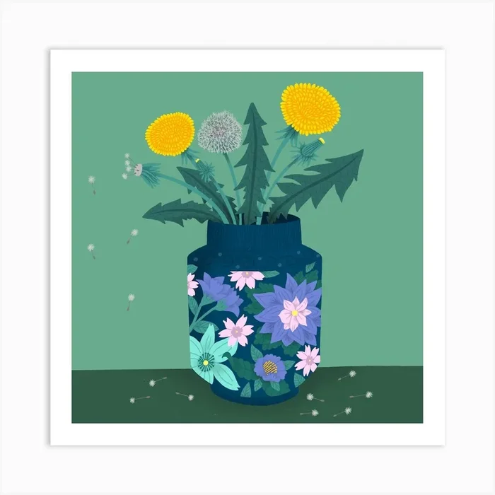 Dandelion Flowers In A Blue Decorated Vase Art Print by Studio Rachieface