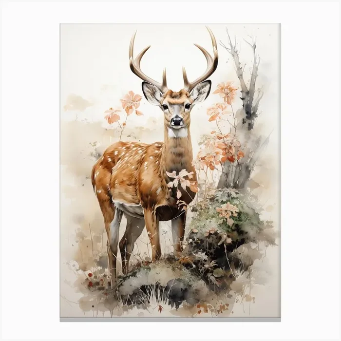 Deer, Japanese Brush Painting, Ukiyo E, Minimal 2 Canvas Print by Ukiyo-e Wonders