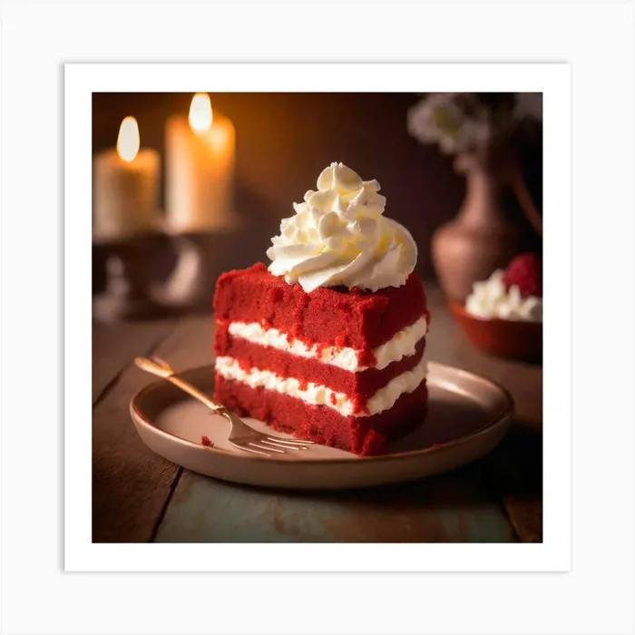 Delicious Red Velvet Cake With Whipped Cream Art Print by Happy Wall Art