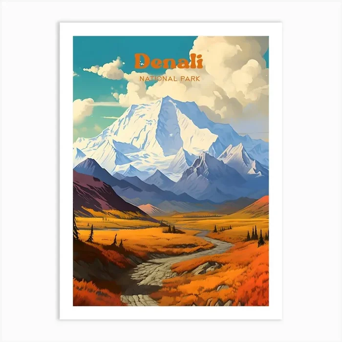 Denali National Park Alaska Mountain Travel Art Art Print by Wanderscape Travel Art