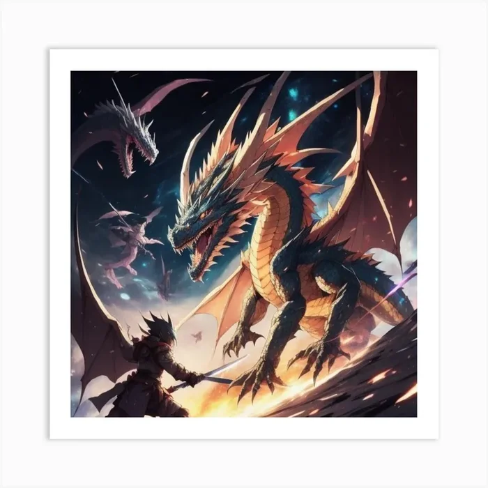 Dragon fighting with a man Art PrintM by mahesh