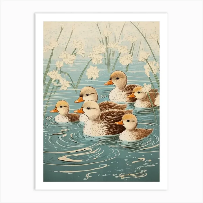 Ducklings Japanese Woodblock Style 2 Art Print by Into the Pond
