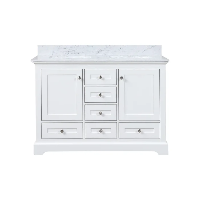 Dukes 48 in. W x 22 in. D White Double Bath Vanity, Carrara Marble Top,