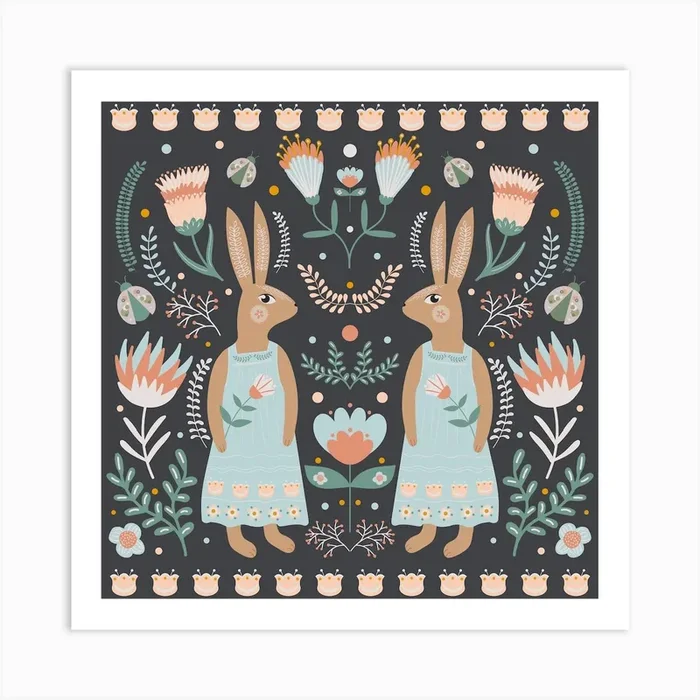 Easter Bunnies Scandinavian Folk Art Art Print by Artsy Bessy