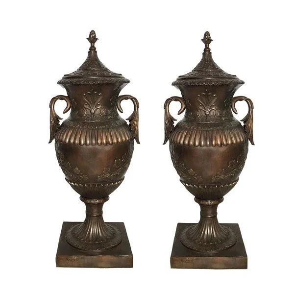 Elegant Bronze Floor Urn with Lid Pair