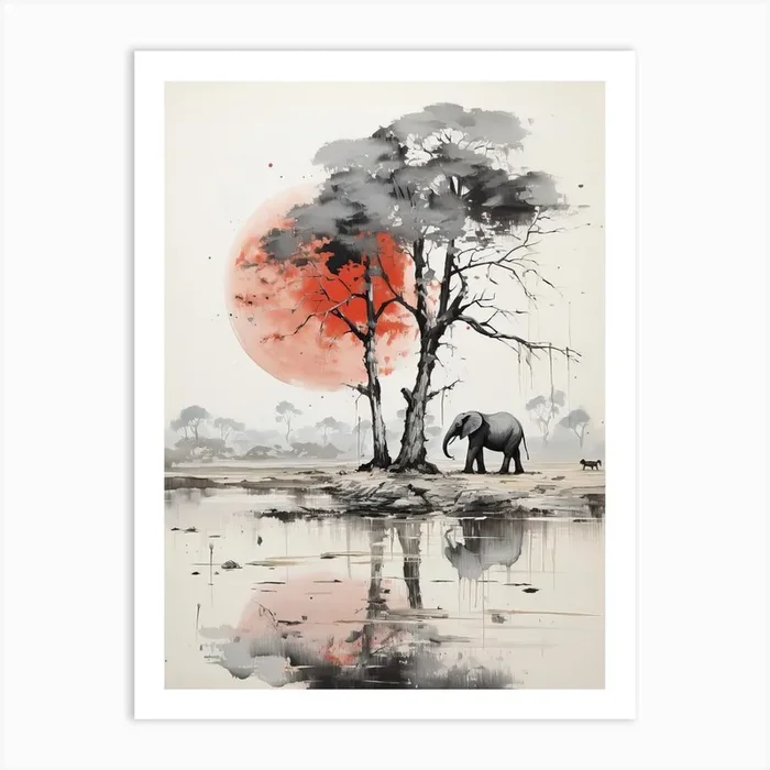Elephant, Japanese Brush Painting, Ukiyo E, Minimal 1 Art Print by Ukiyo-e Wonders