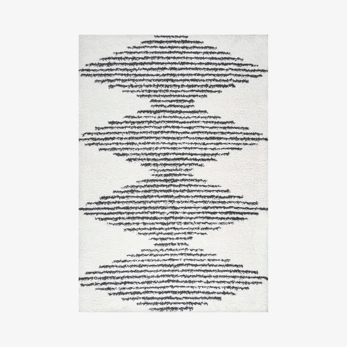Elm Diamond Stripe Geometric Shag Area Rug – White / Black by JONATHAN Y