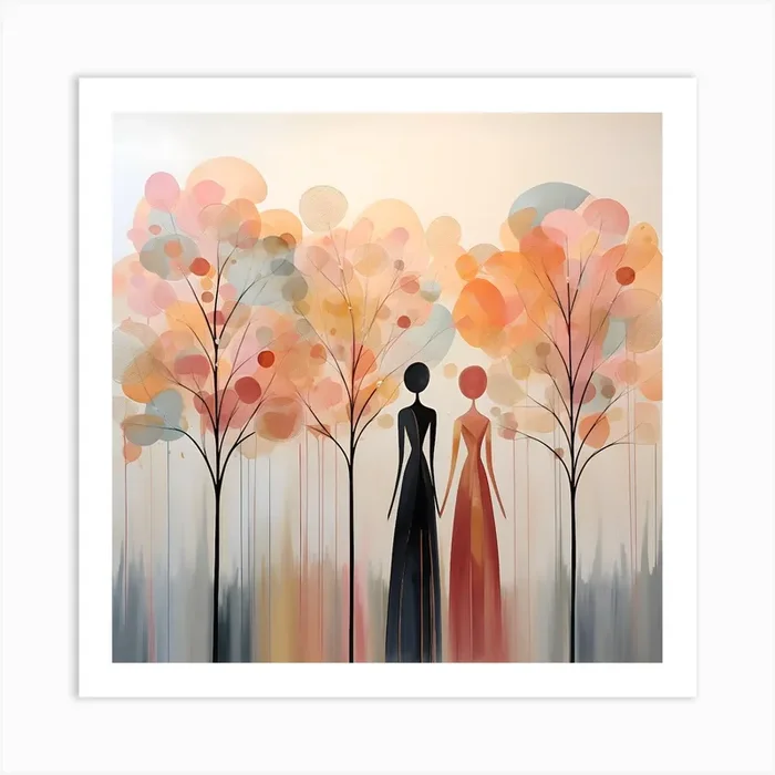 Enchanted Dreams: Pastel Harmony with Golden Trees and Abstract Goddesses Art Print by DigitalDoodle