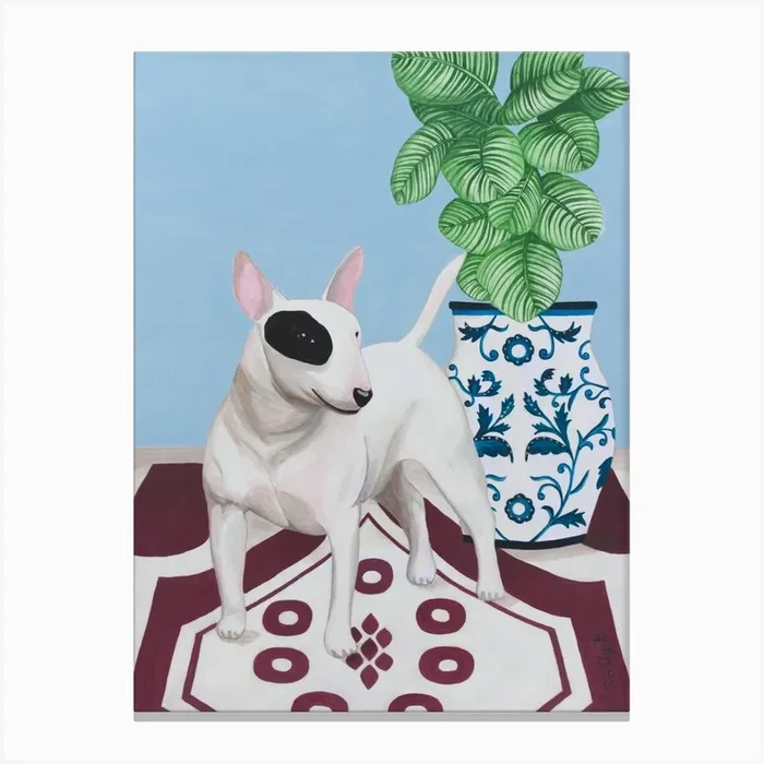 English Bull Terrier With Plant Canvas Print by Sally B