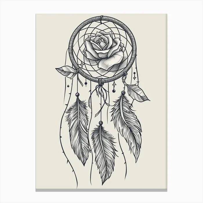 English Rose Dreamcatcher Line Drawing 5 Canvas Print by Petal Pigments