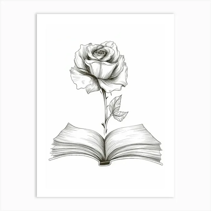 English Rose In A Book Line Drawing 3 Art Print by Petal Pigments