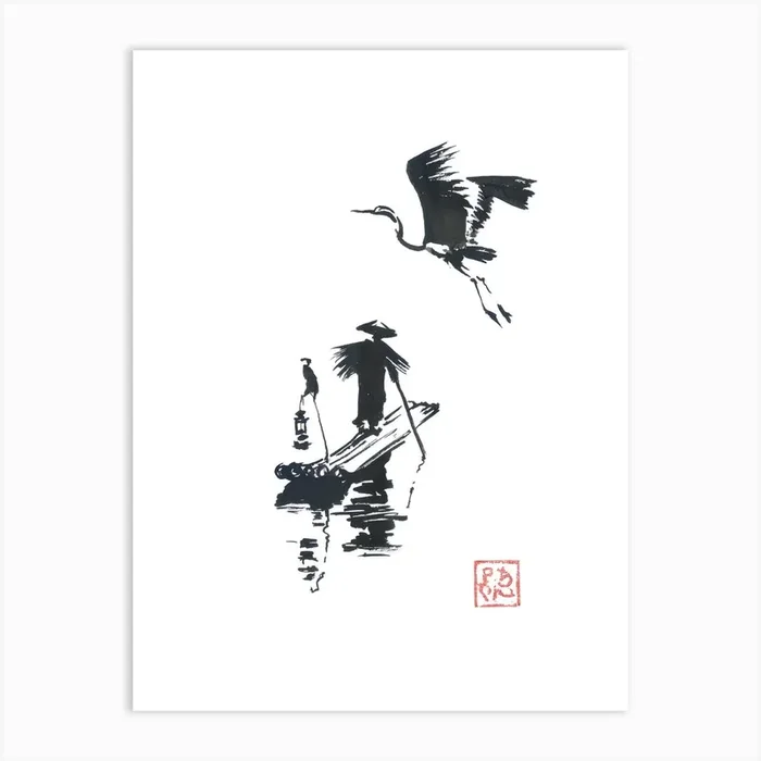 Fisherman And crane Art Print by Pechane Sumie