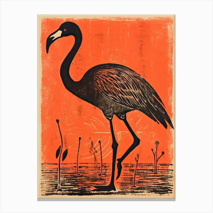 Flamingo, Woodblock Animal Drawing 5 Canvas Print by Sakura Animal Creations