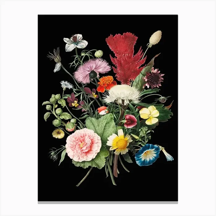 Floral Bouquet Vintage Flowers Illustration Black Canvas Print by Ink North