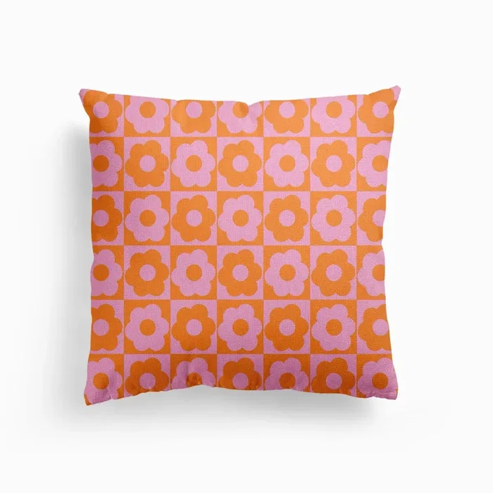 Floral Checker Orange Pink Canvas Cushion by Jodi Feddon