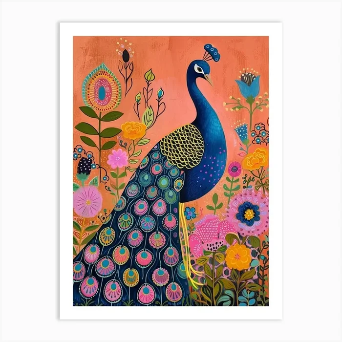 Floral Folky Peacock 2 Art Print by Featherline