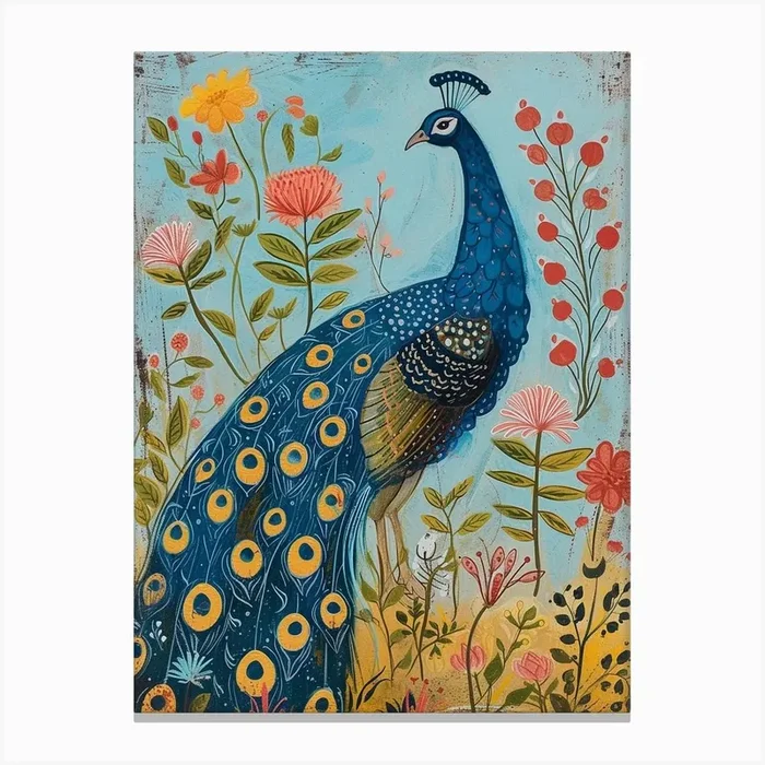 Floral Folky Peacock In The Meadow 4 Canvas Print by Featherline