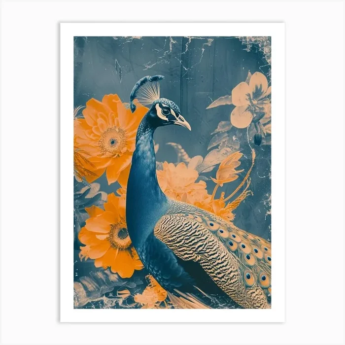 Floral Orange & Blue Peacock 1 Art Print by Featherline
