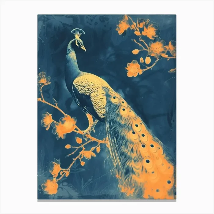 Floral Orange & Blue Peacock 4 Canvas Print by Featherline