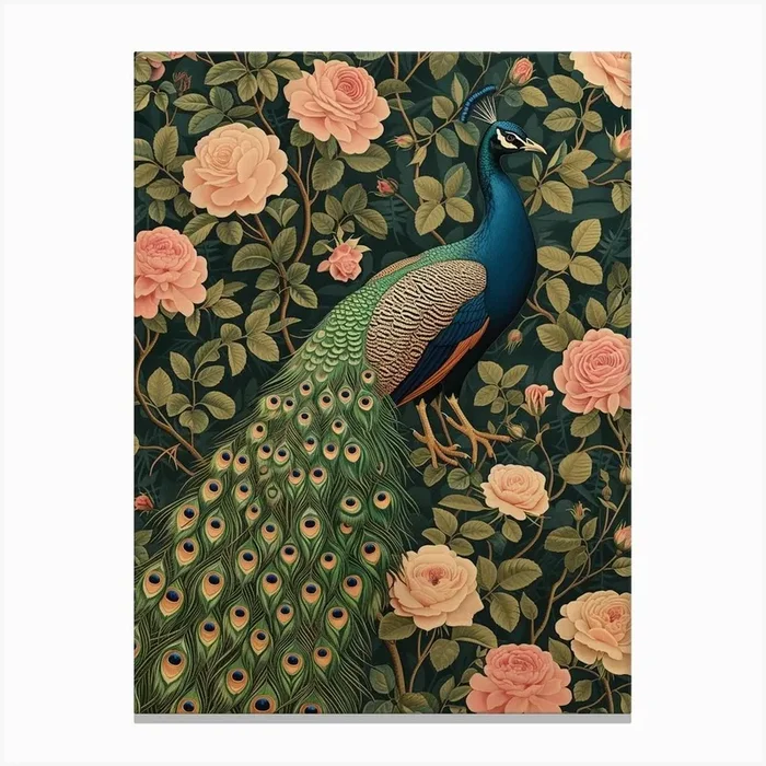 Floral Pink Roses Peacock 3 Canvas Print by Featherline