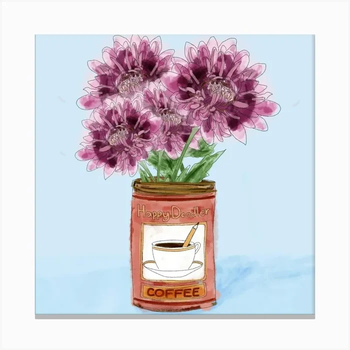 Flowers in a coffee can Canvas PrintKD by Kitty Doodling
