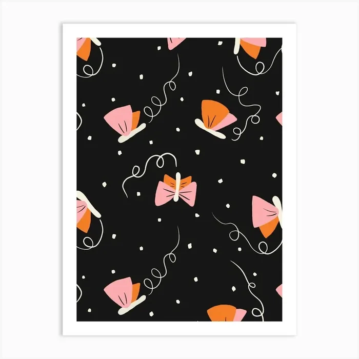Fluttering Retro Fireflies Peach and Pink on Black Art Print by Sandra Hutter Designs