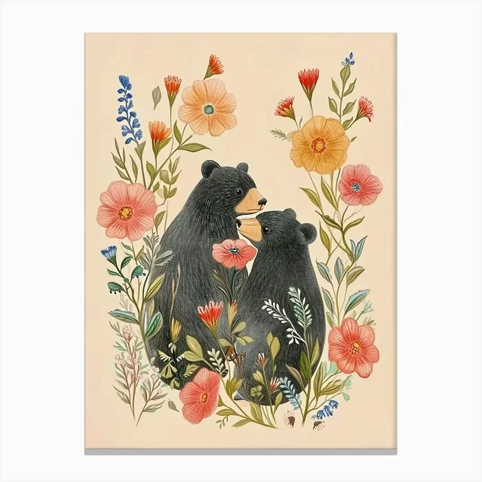 Folksy Floral Animal Drawing Bear 2 Canvas Print by Scribble Studio