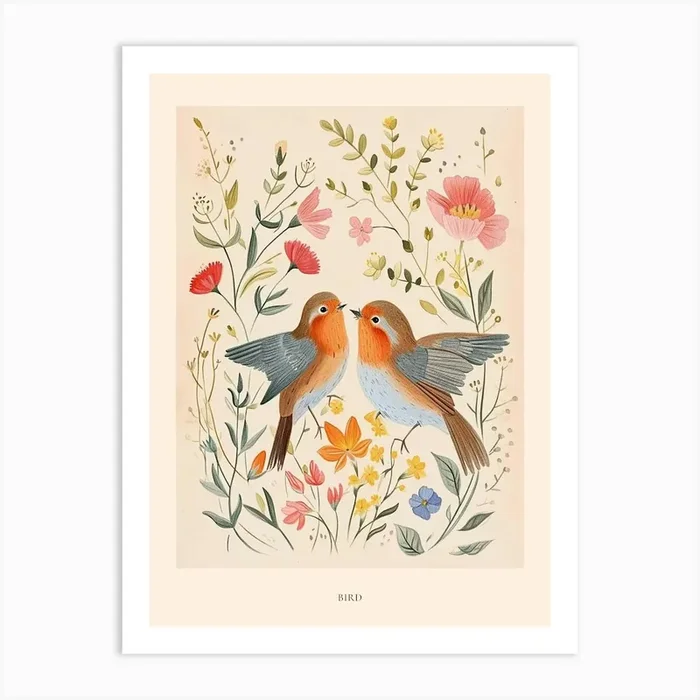Folksy Floral Animal Drawing Bird Poster Art Print by Scribble Studio