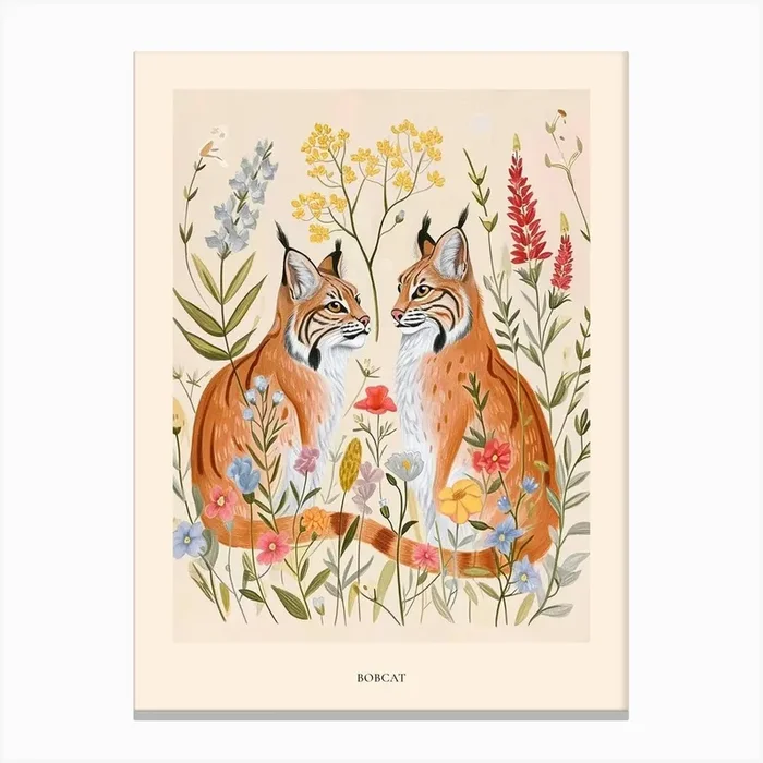 Folksy Floral Animal Drawing Bobcat Poster Canvas Print by Scribble Studio