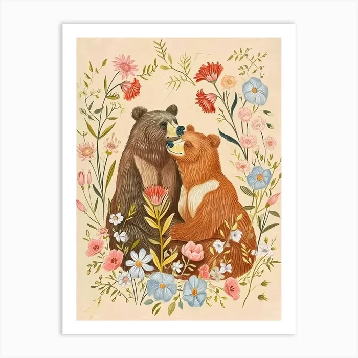 Folksy Floral Animal Drawing Brown Bear 5 Art Print by Scribble Studio