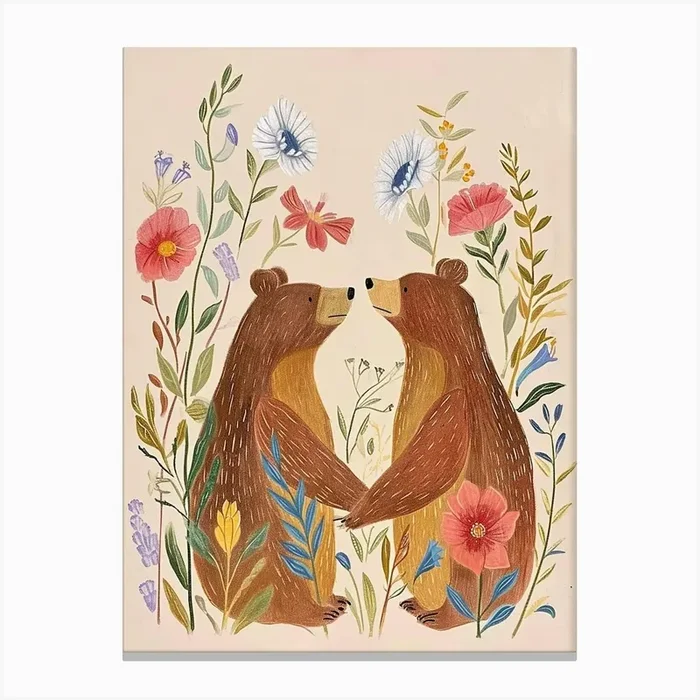 Folksy Floral Animal Drawing Brown Bear Canvas Print by Scribble Studio